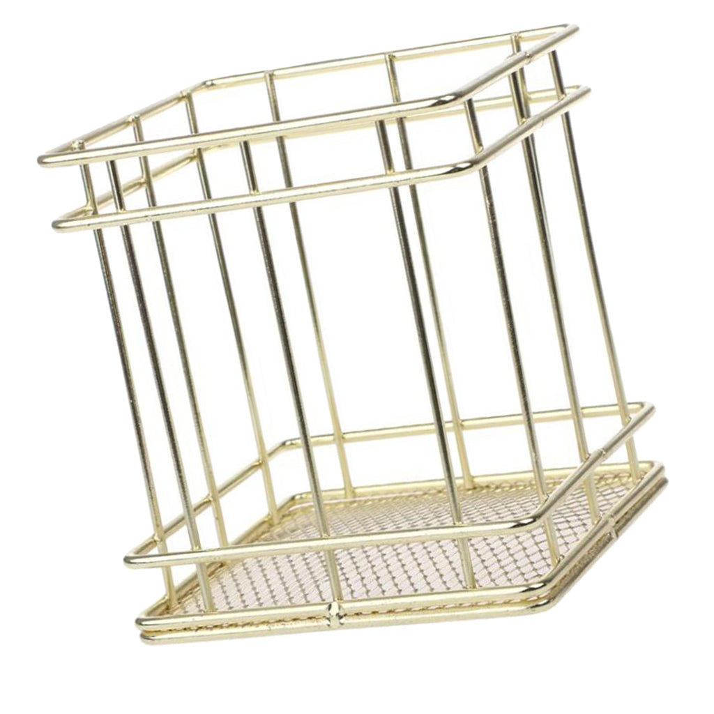 Rectangle Gold Metal Wire Mesh Pen Pot / Pen Pencil Brush Holder / Desk Organizer, Firm, Long Lasting