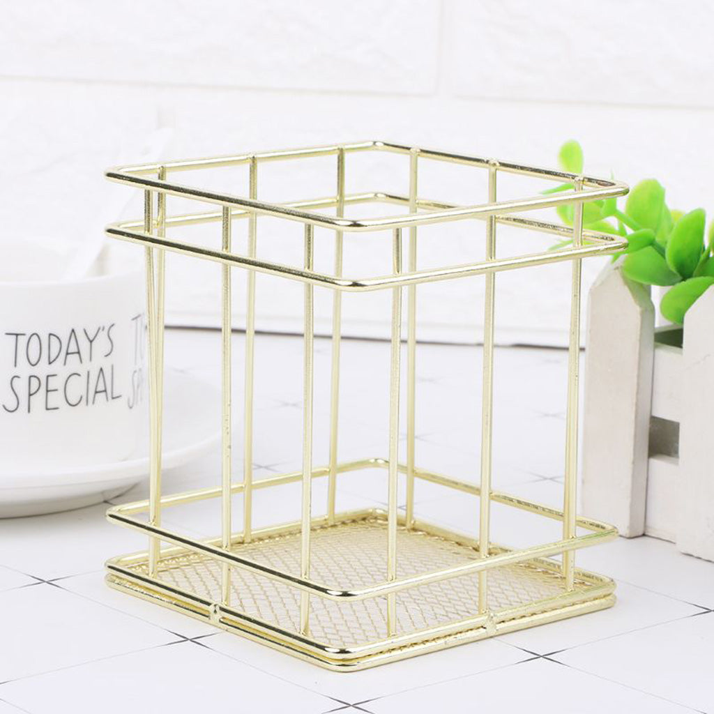 Rectangle Gold Metal Wire Mesh Pen Pot / Pen Pencil Brush Holder / Desk Organizer, Firm, Long Lasting