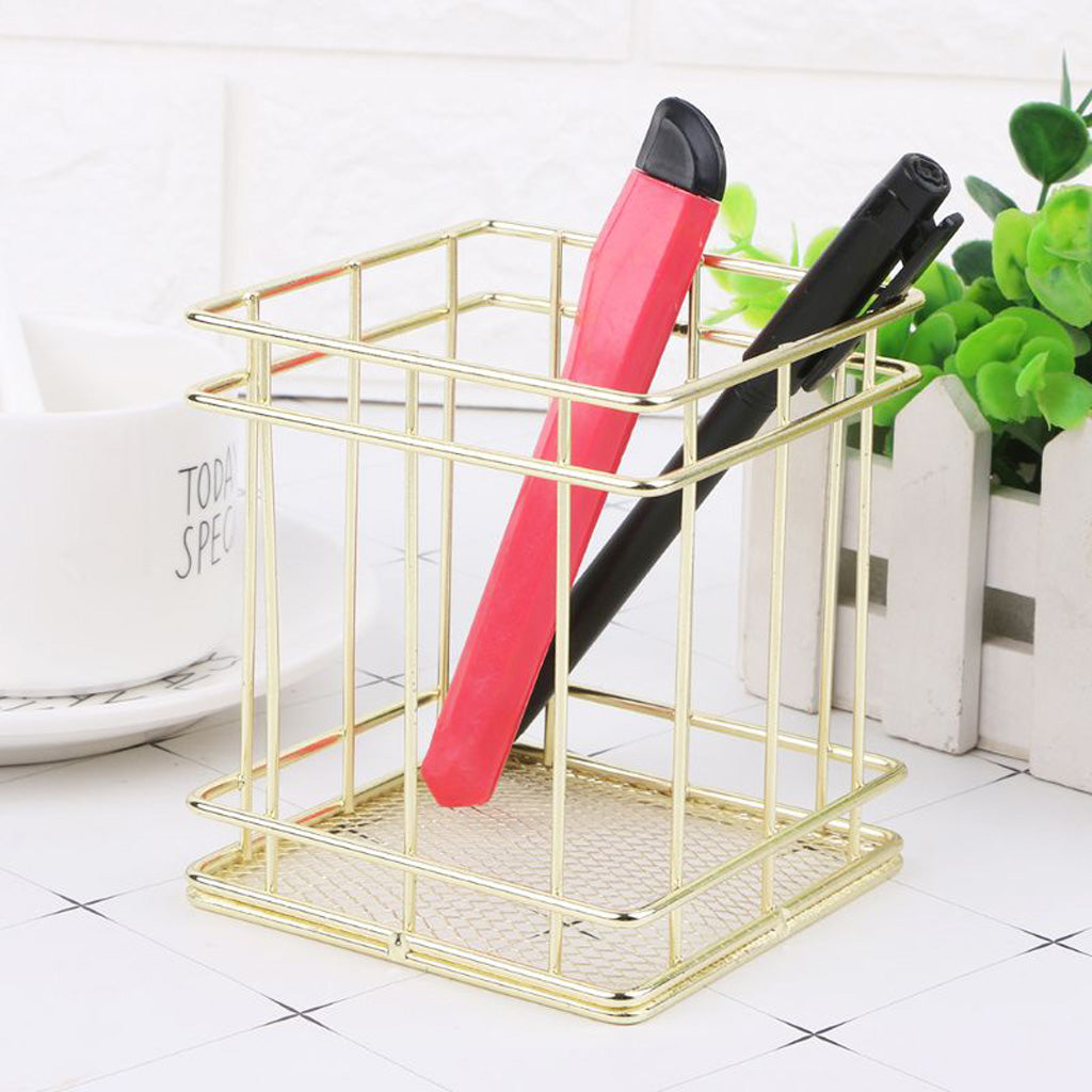 Rectangle Gold Metal Wire Mesh Pen Pot / Pen Pencil Brush Holder / Desk Organizer, Firm, Long Lasting