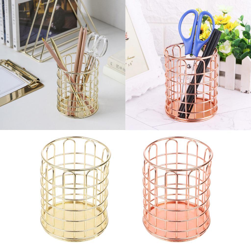 Round Metal Wire Mesh Pen Pot Pencil Brush Holder Desk Organizer, 2 Color Gold