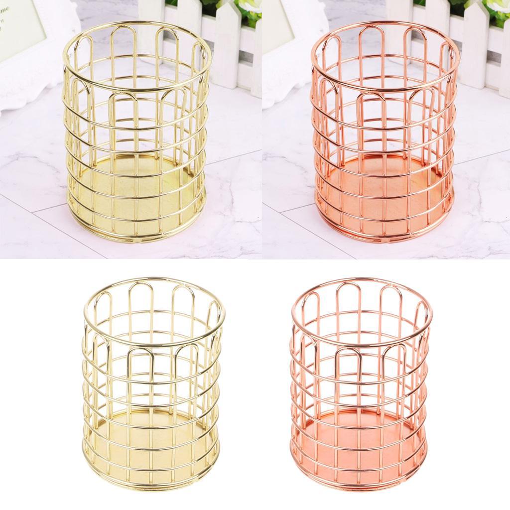 Round Metal Wire Mesh Pen Pot Pencil Brush Holder Desk Organizer, 2 Color Gold