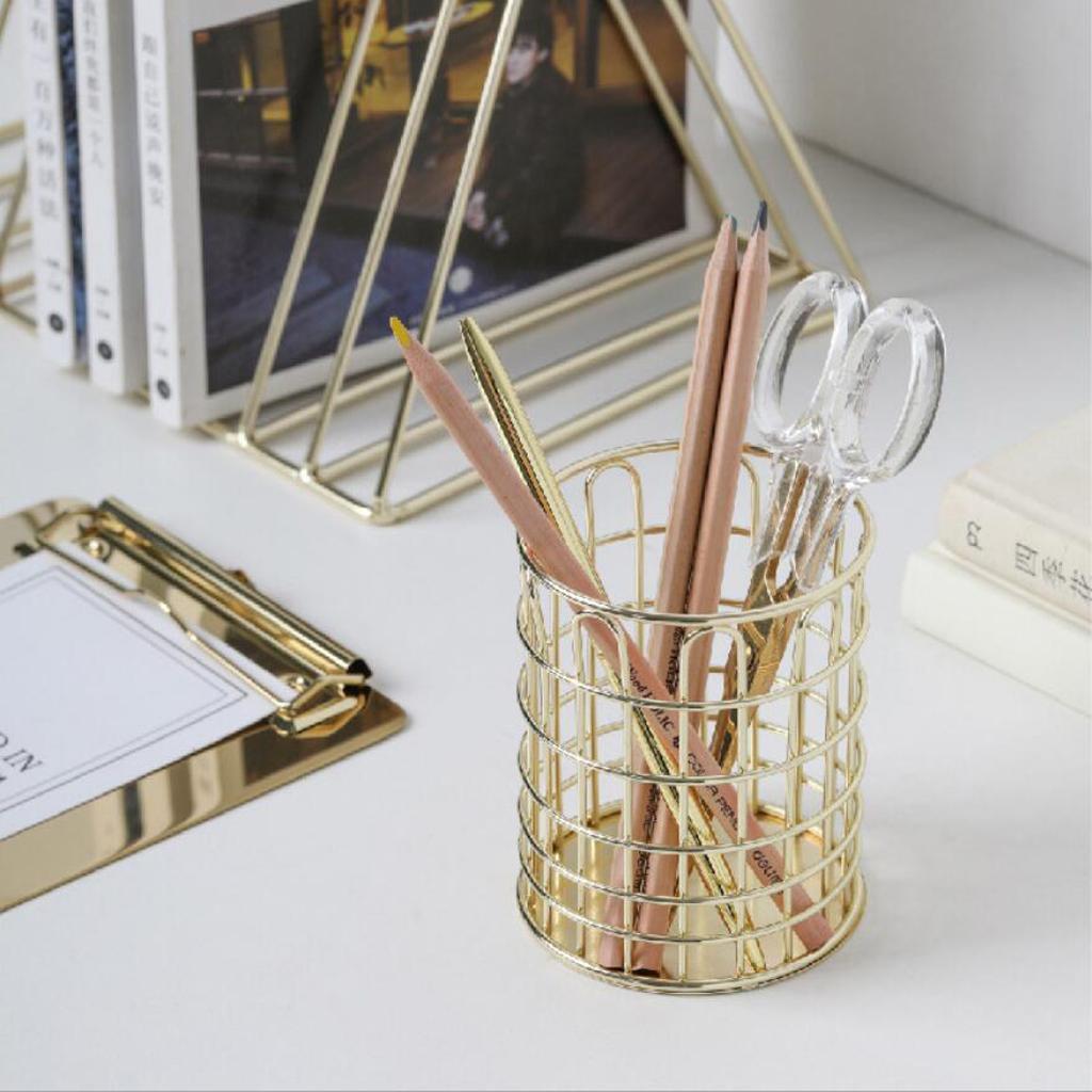 Round Metal Wire Mesh Pen Pot Pencil Brush Holder Desk Organizer, 2 Color Gold