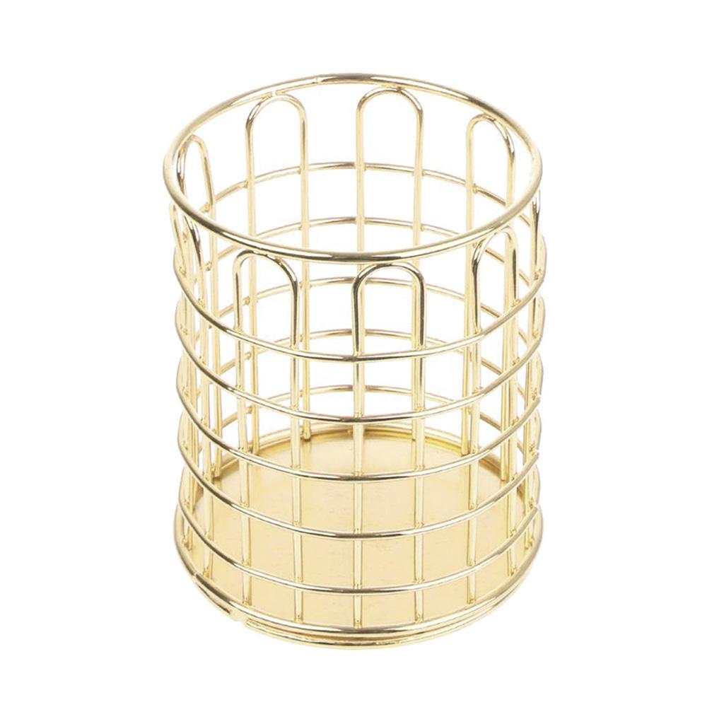 Round Metal Wire Mesh Pen Pot Pencil Brush Holder Desk Organizer, 2 Color Gold