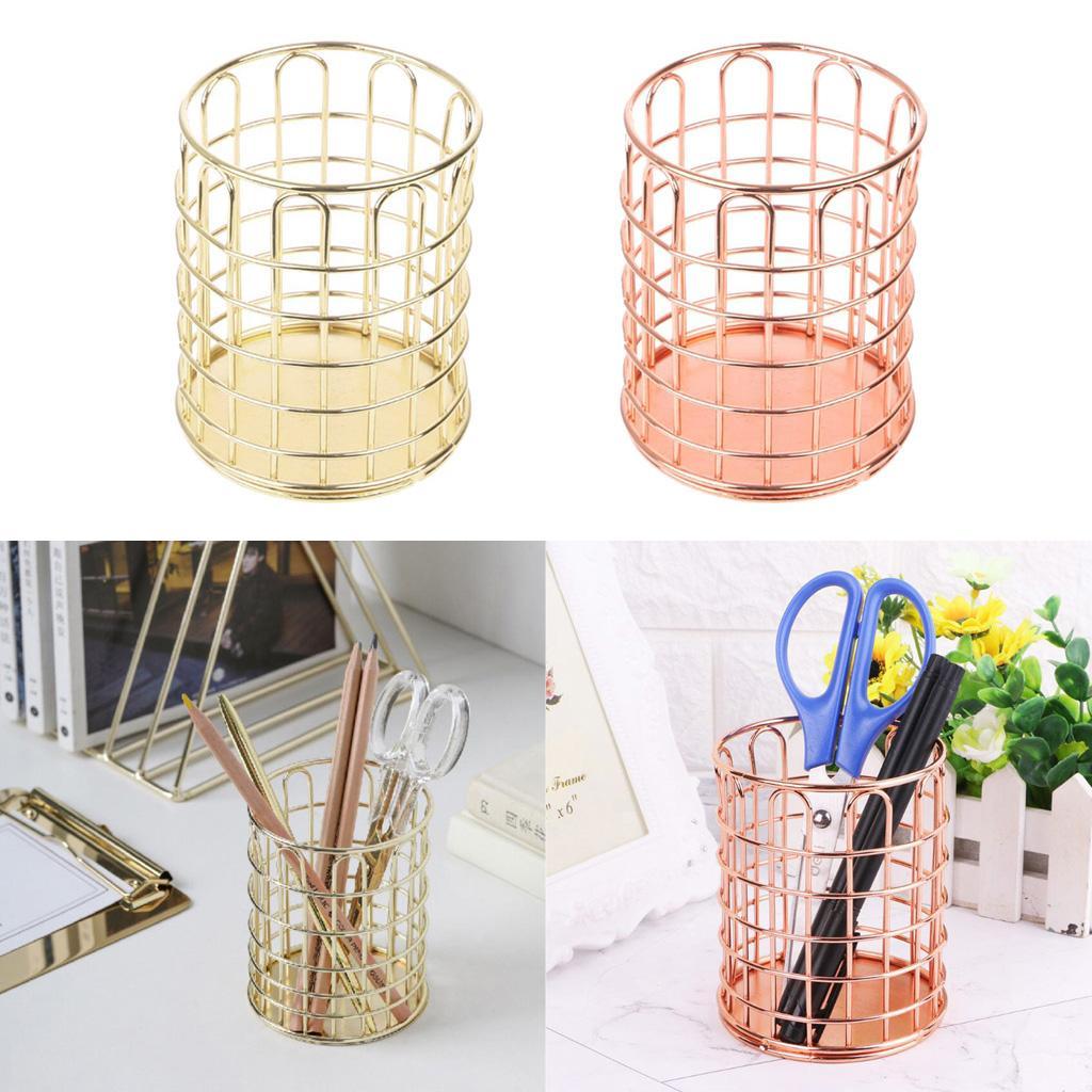 Round Metal Wire Mesh Pen Pot Pencil Brush Holder Desk Organizer, 2 Color Gold