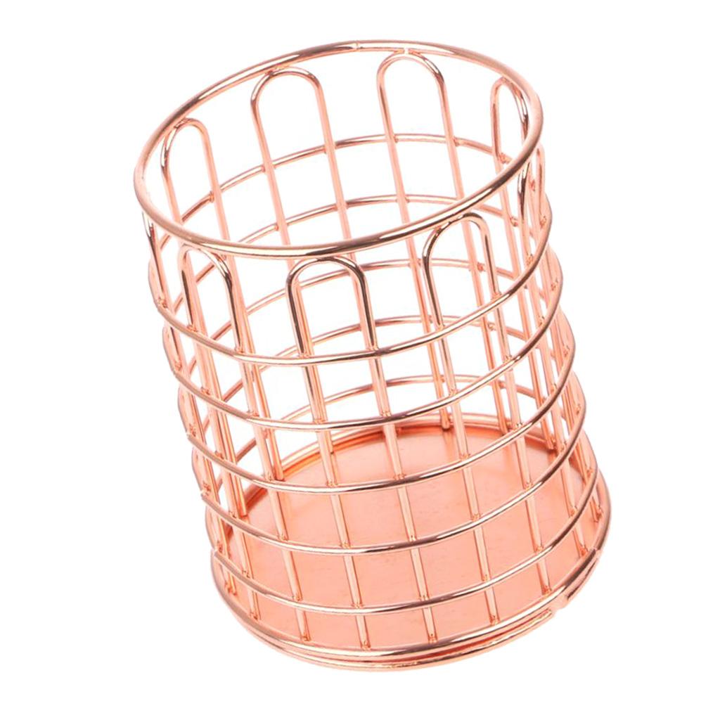 Round Metal Wire Mesh Pen Pot Pencil Brush Holder Desk Organizer, 2 Color Rose Gold