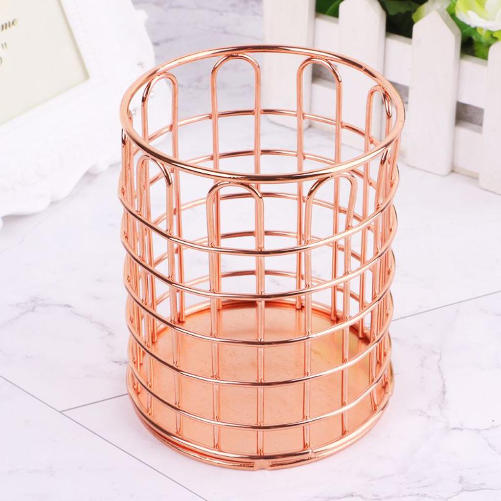 Round Metal Wire Mesh Pen Pot Pencil Brush Holder Desk Organizer, 2 Color Rose Gold