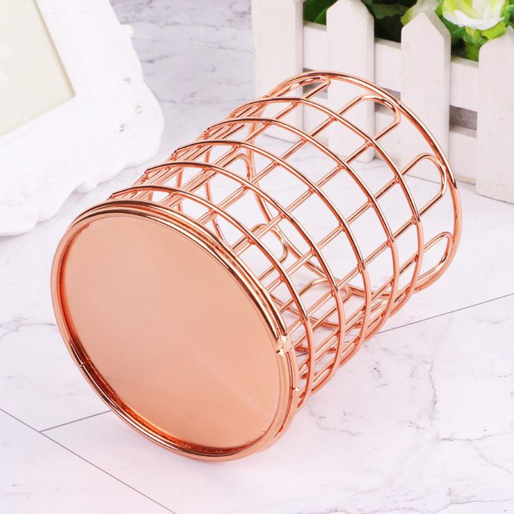 Round Metal Wire Mesh Pen Pot Pencil Brush Holder Desk Organizer, 2 Color Rose Gold