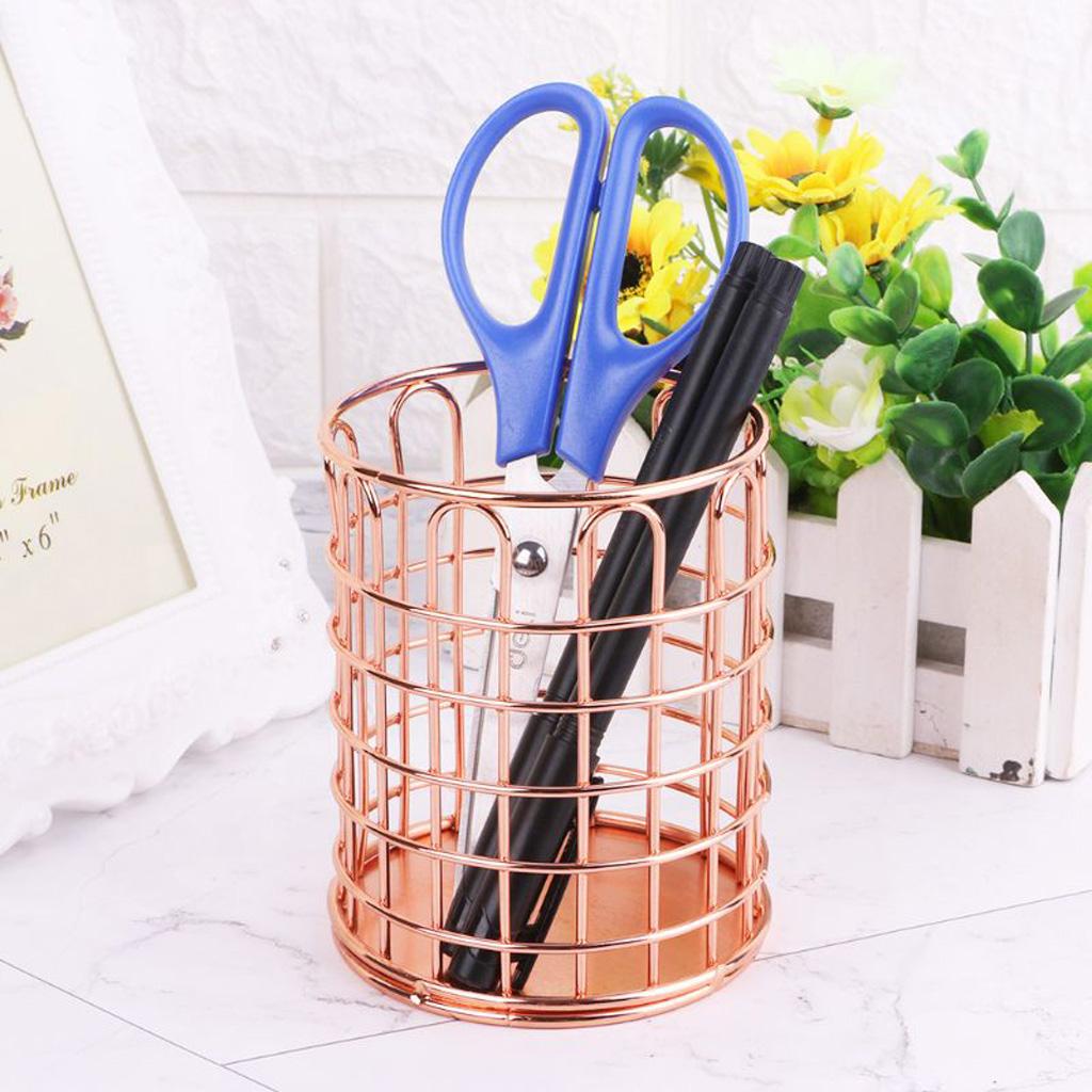 Round Metal Wire Mesh Pen Pot Pencil Brush Holder Desk Organizer, 2 Color Rose Gold