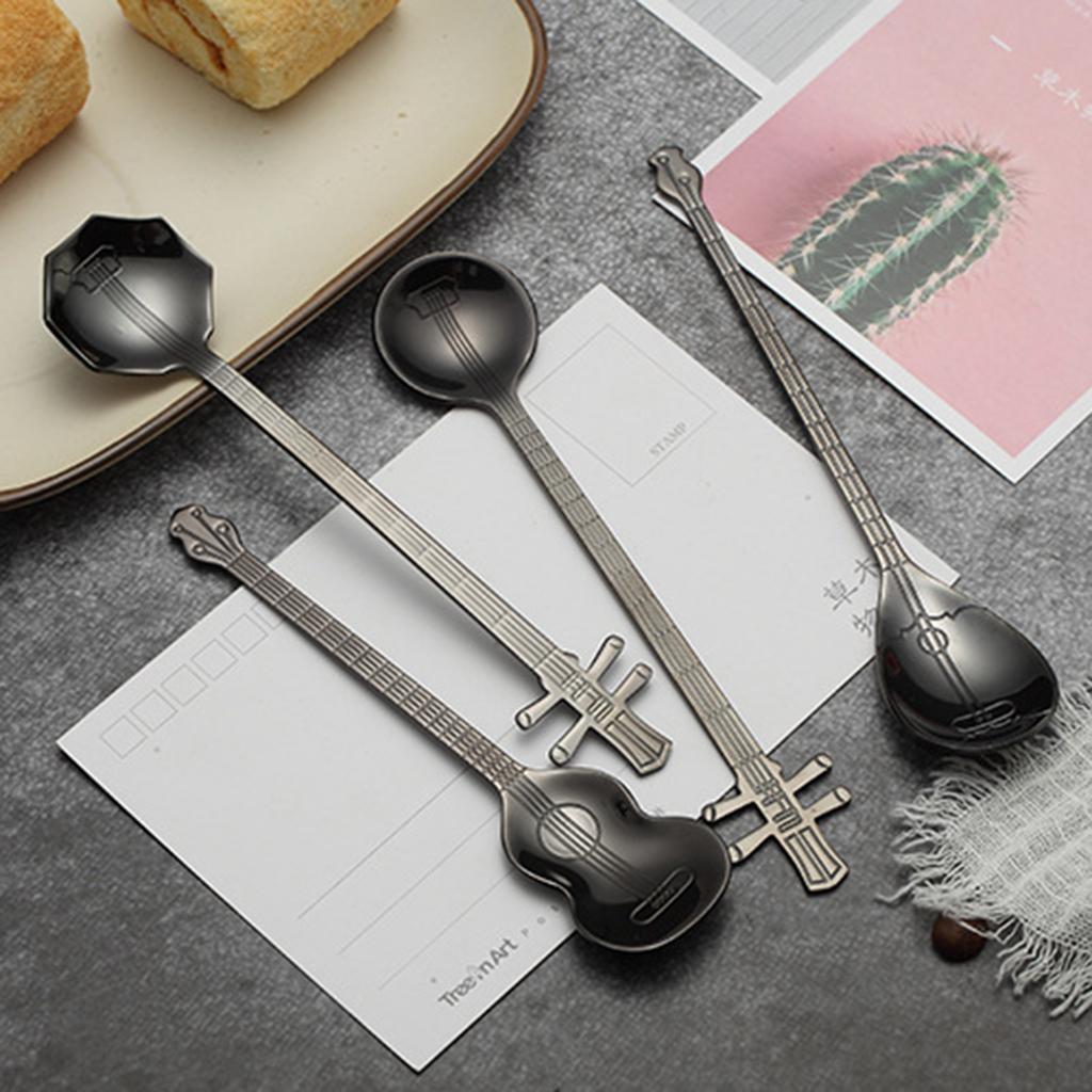 Stainless Steel Guitar Design Coffee Drink Mixing Spoon Black B