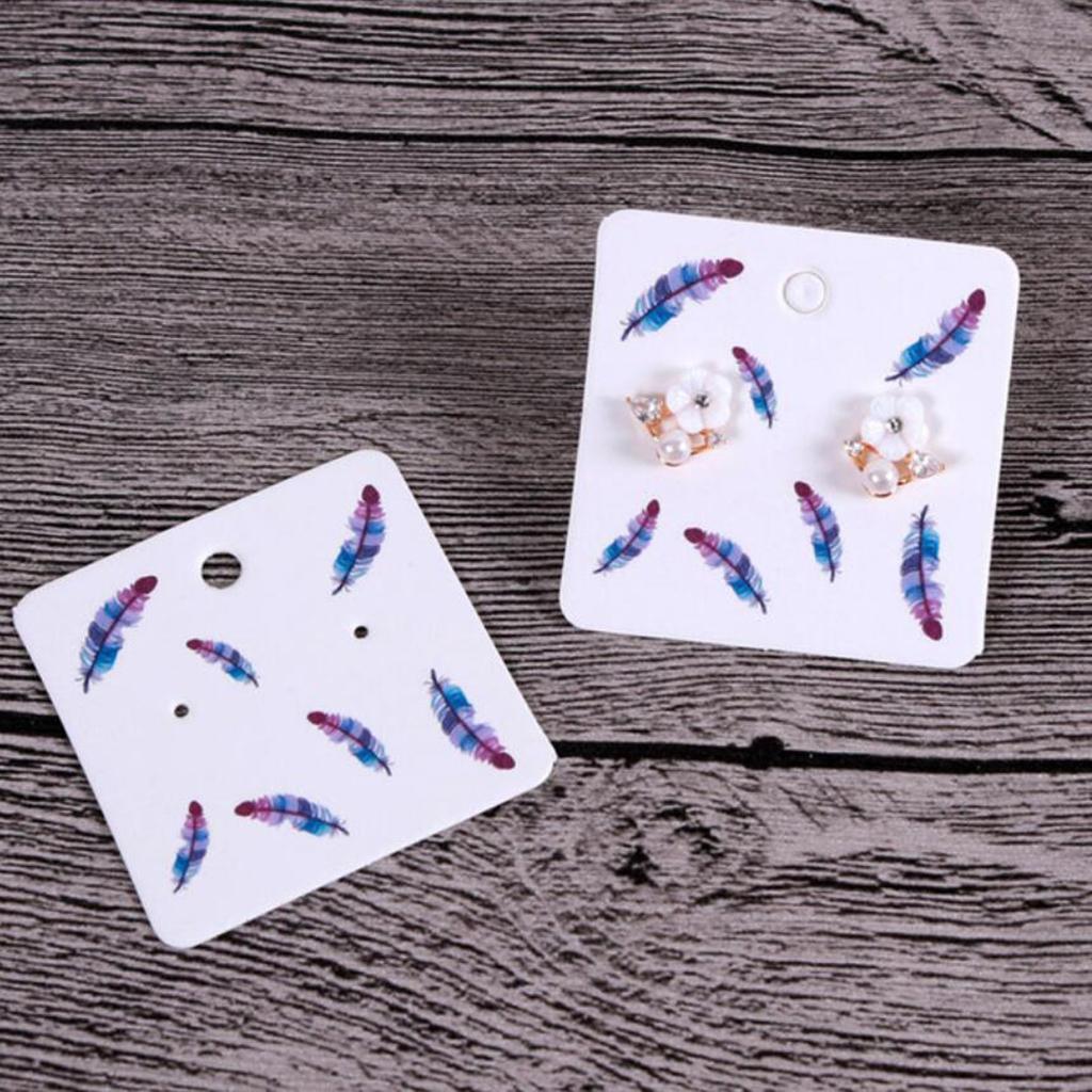 100pcs Jewelry Display Cards Earring Ear Studs Hanging Holder Blue Feathers