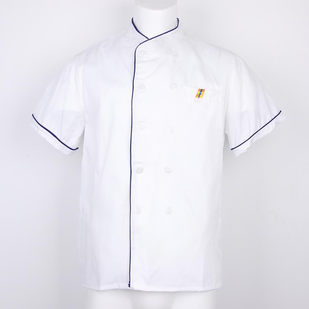 Unisex Chef's Uniform Short Sleeve Men's Chef Coat M Blue Stitching