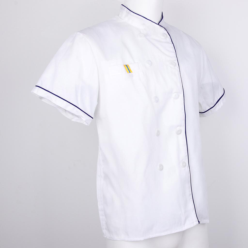 Unisex Chef's Uniform Short Sleeve Men's Chef Coat M Blue Stitching