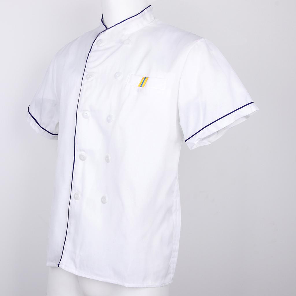 Unisex Chef's Uniform Short Sleeve Men's Chef Coat M Blue Stitching