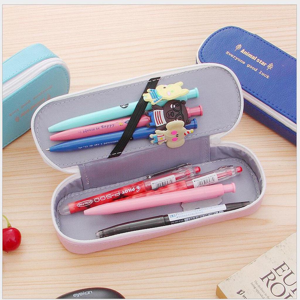 Waterproof PU Zipper Pencil Bag Pen Holder Stationery Storage Beige