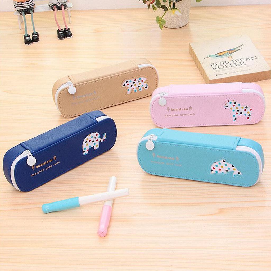 Waterproof PU Zipper Pencil Bag Pen Holder Stationery Storage Navy