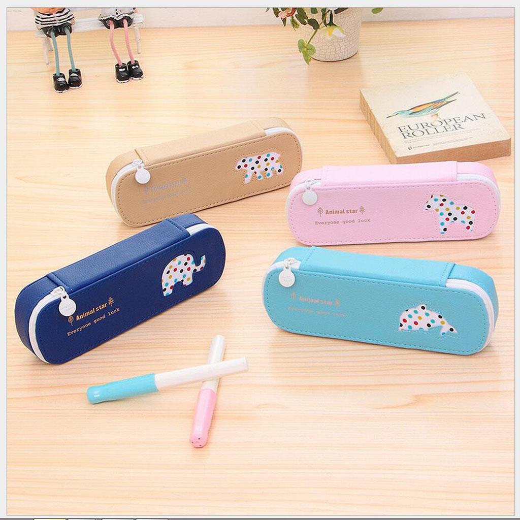 Waterproof PU Zipper Pencil Bag Pen Holder Stationery Storage Blue