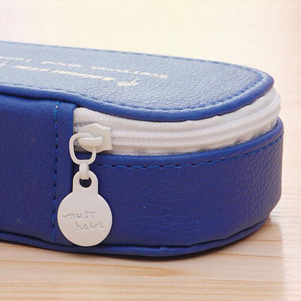 Waterproof PU Zipper Pencil Bag Pen Holder Stationery Storage Blue