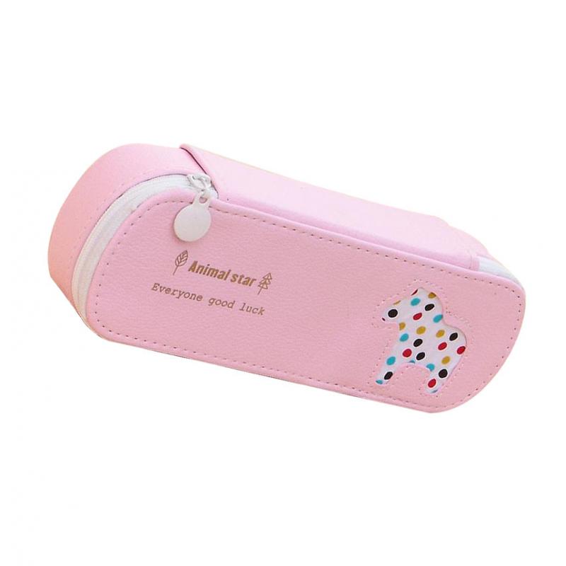 Waterproof PU Zipper Pencil Bag Pen Holder Stationery Storage Pink