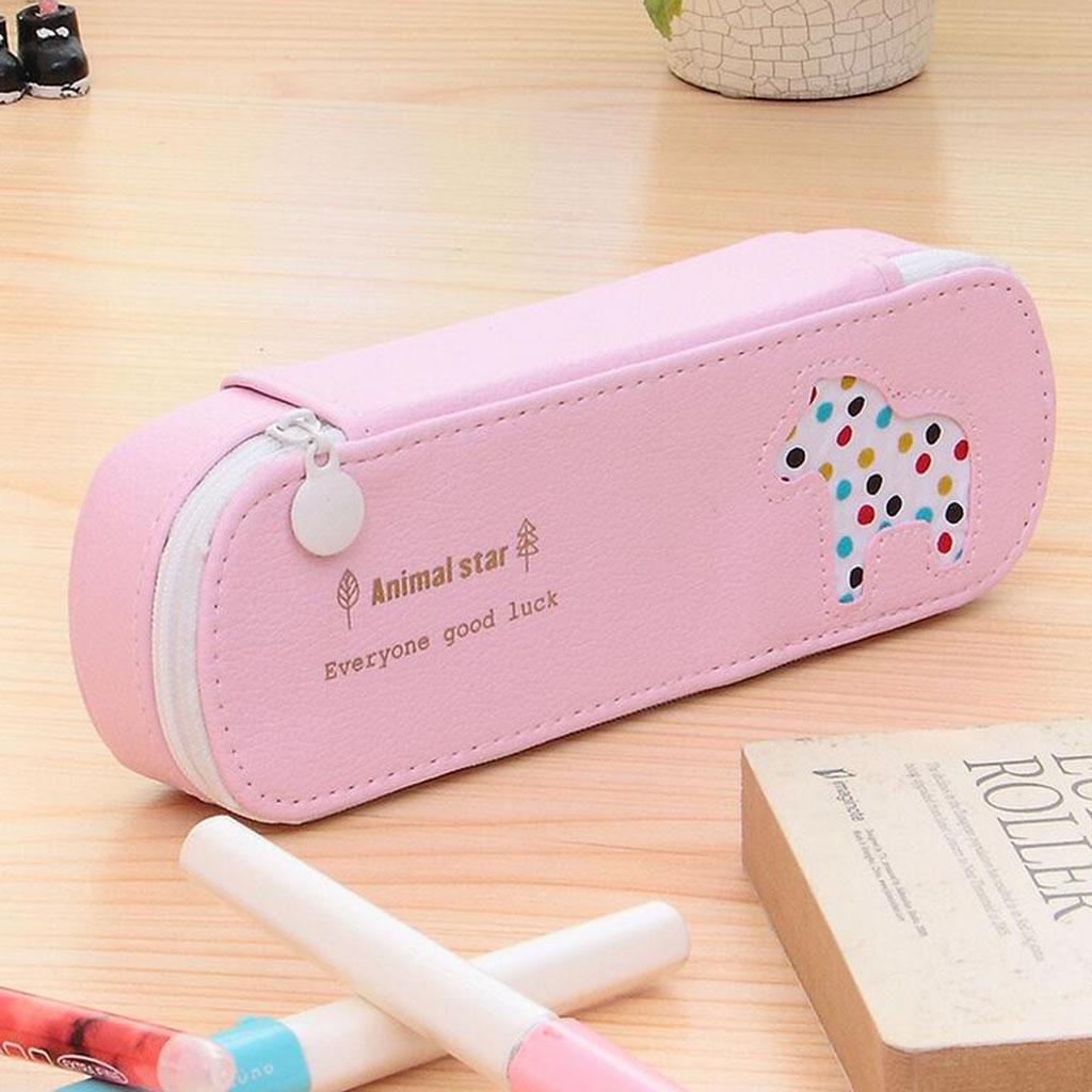 Waterproof PU Zipper Pencil Bag Pen Holder Stationery Storage Pink