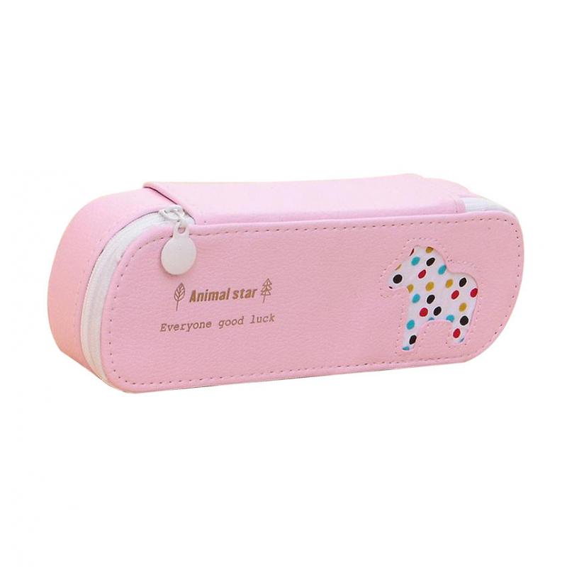 Waterproof PU Zipper Pencil Bag Pen Holder Stationery Storage Pink