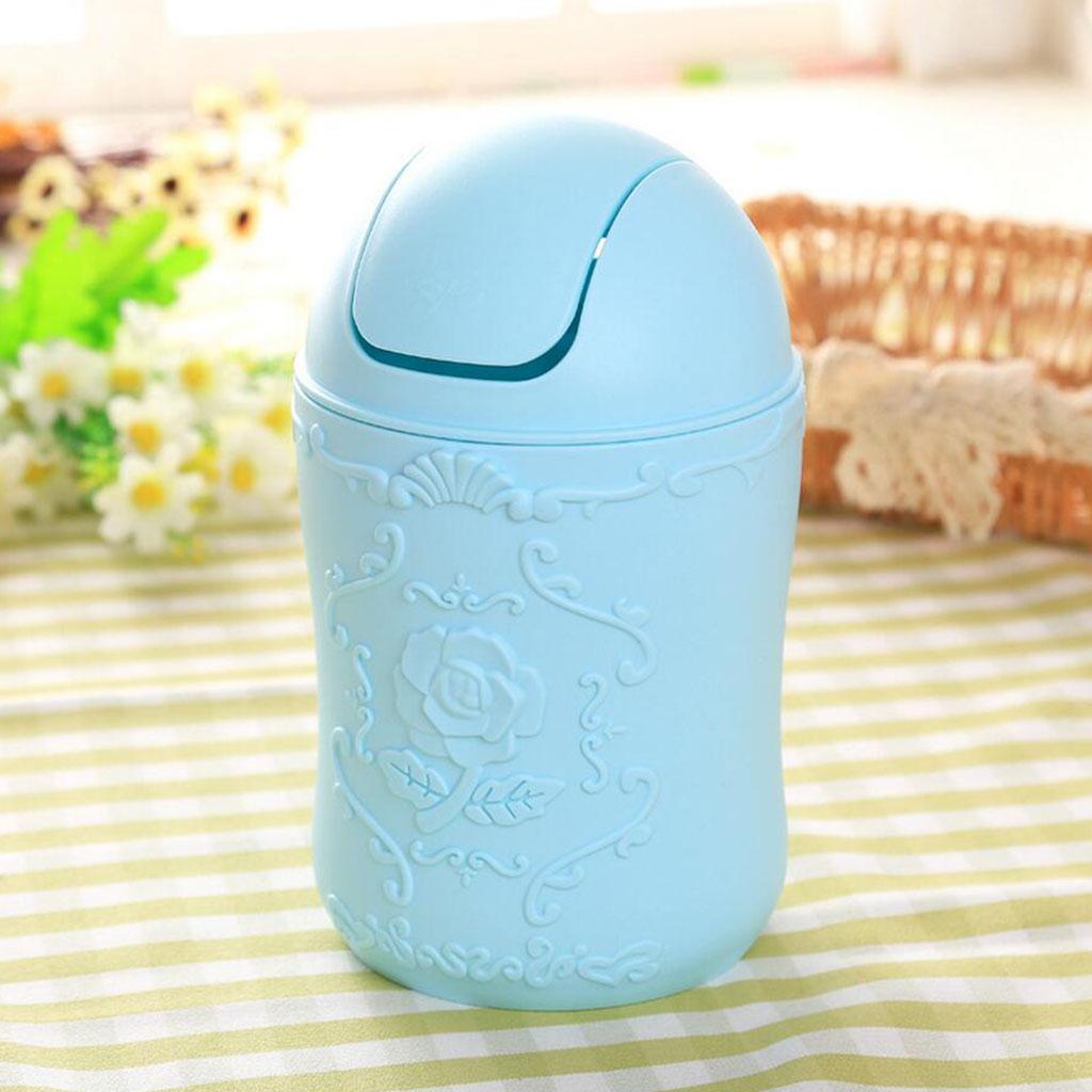 Mini Desktop Trash Can with Lid Creative Waste Paper Basket Blue