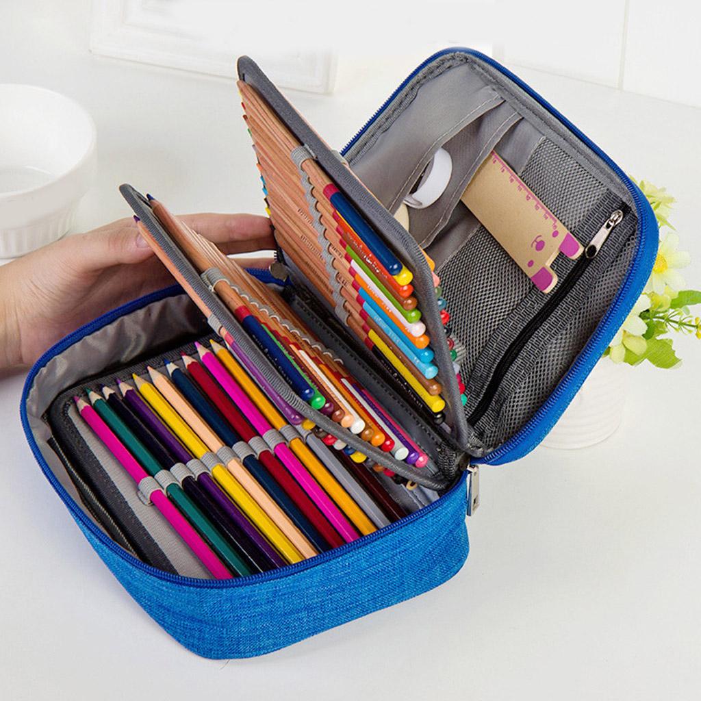 72 Slots Colored Pencil Case High Capacity Zipper Pens Pencil Case Blue
