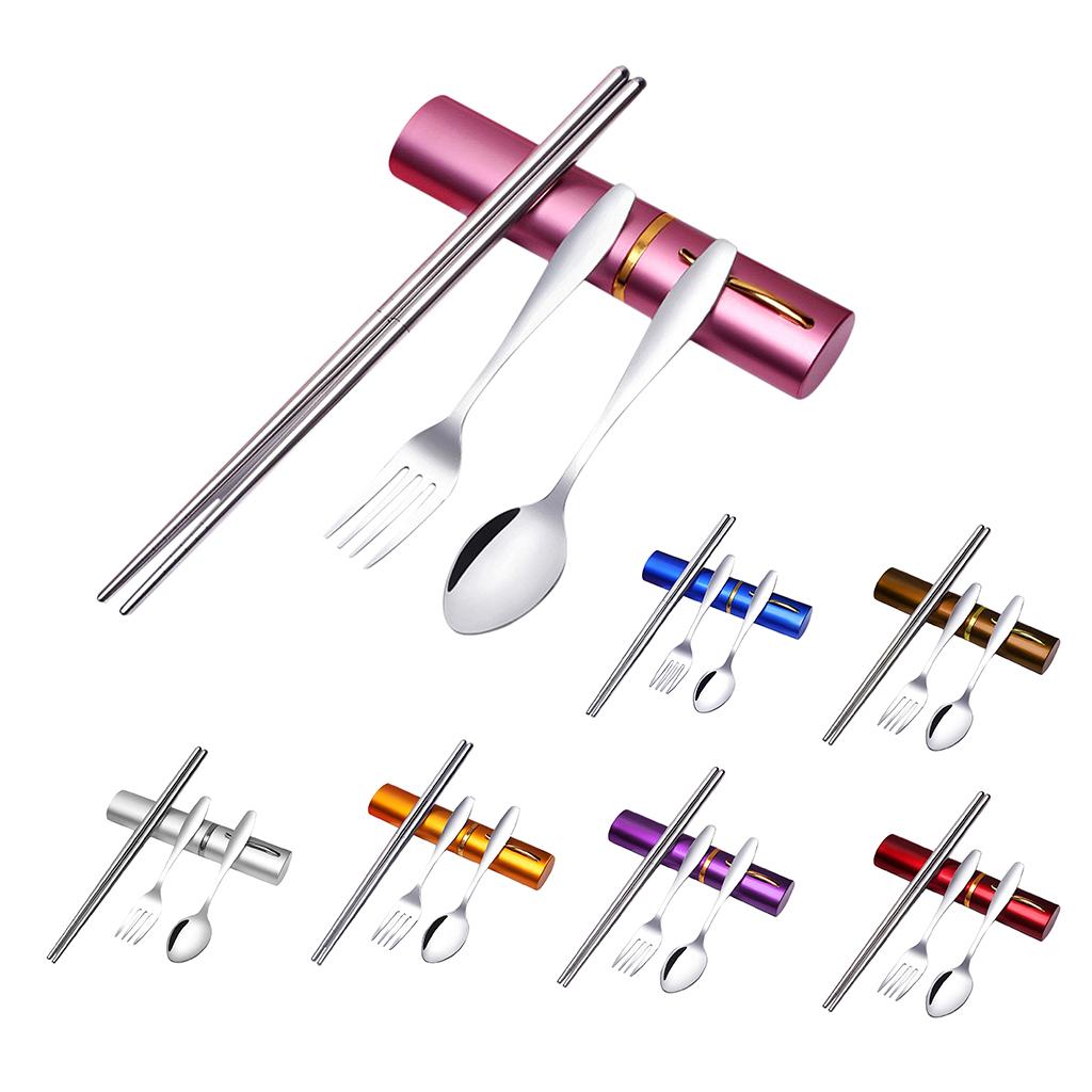 Tableware Stainless Steel Travel Portable Chopsticks, Forks Spoons Red