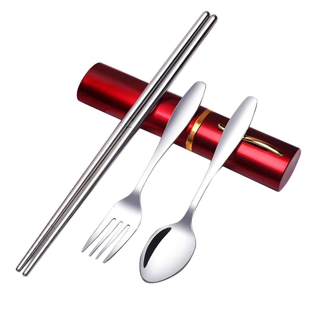 Tableware Stainless Steel Travel Portable Chopsticks, Forks Spoons Red