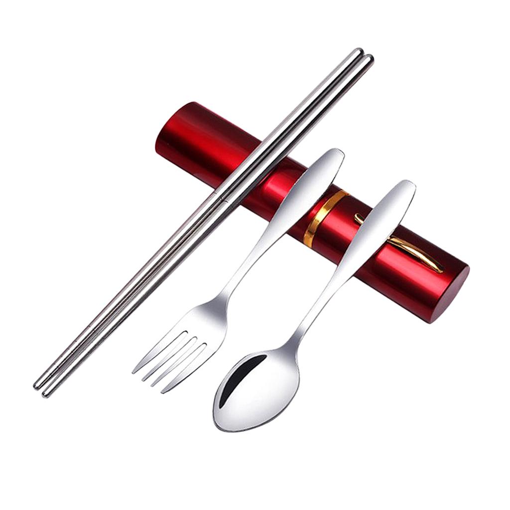 Tableware Stainless Steel Travel Portable Chopsticks, Forks Spoons Red