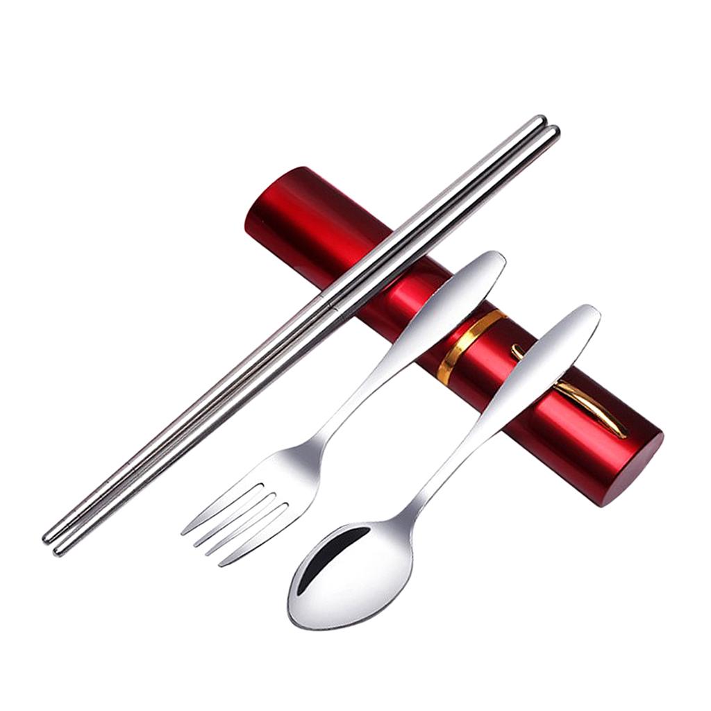 Tableware Stainless Steel Travel Portable Chopsticks, Forks Spoons Red