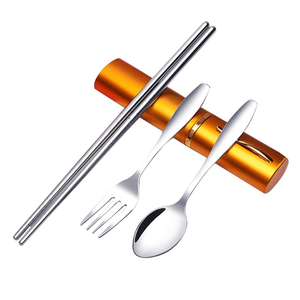 Tableware Stainless Steel Travel Portable Chopsticks, Forks Spoons Golden