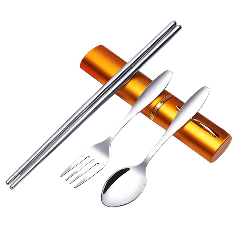 Tableware Stainless Steel Travel Portable Chopsticks, Forks Spoons Golden