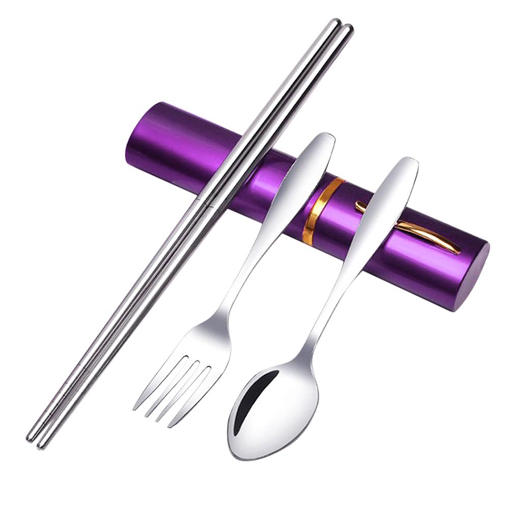 Tableware Stainless Steel Travel Portable Chopsticks, Forks Spoons Purple