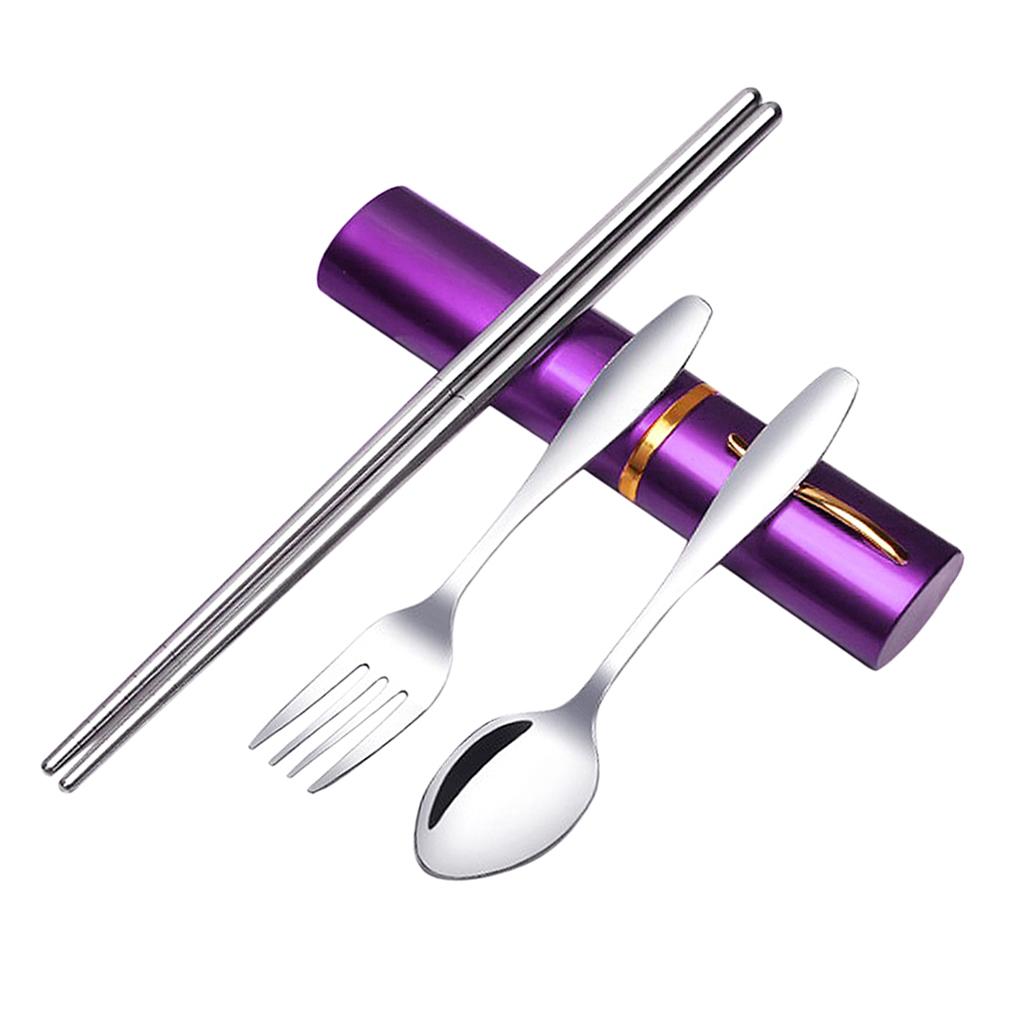 Tableware Stainless Steel Travel Portable Chopsticks, Forks Spoons Purple