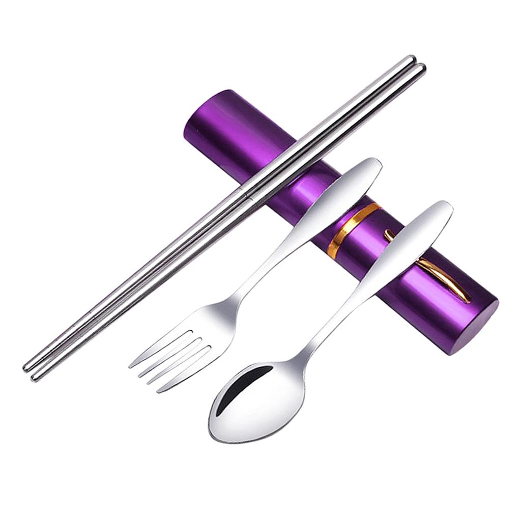 Tableware Stainless Steel Travel Portable Chopsticks, Forks Spoons Purple