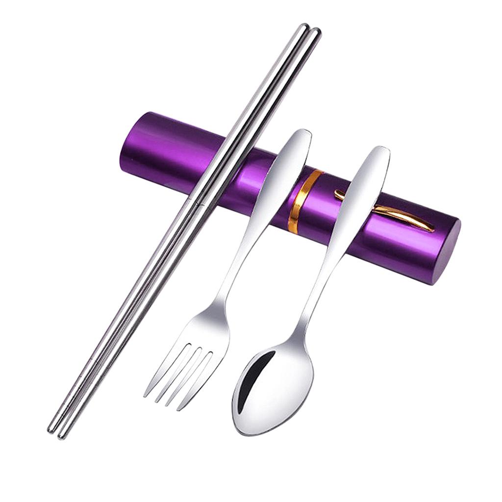 Tableware Stainless Steel Travel Portable Chopsticks, Forks Spoons Purple