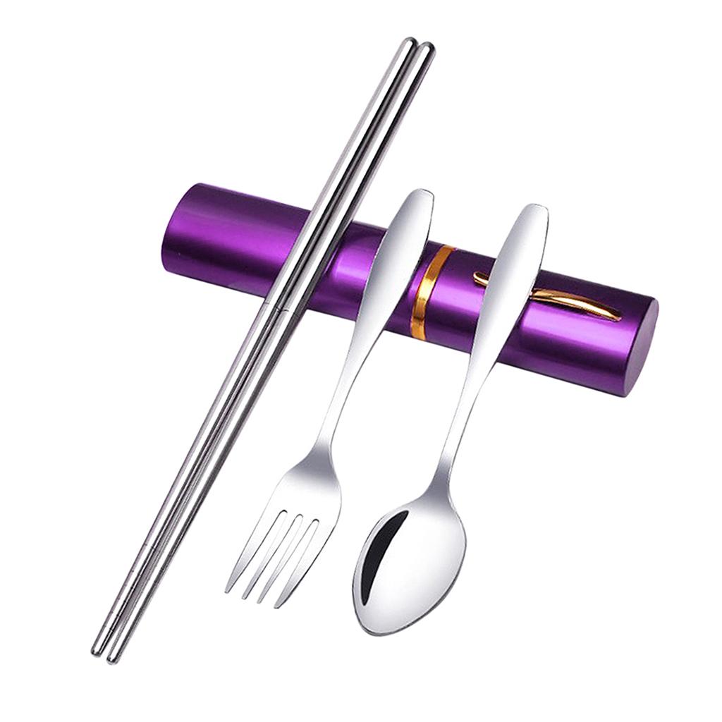 Tableware Stainless Steel Travel Portable Chopsticks, Forks Spoons Purple