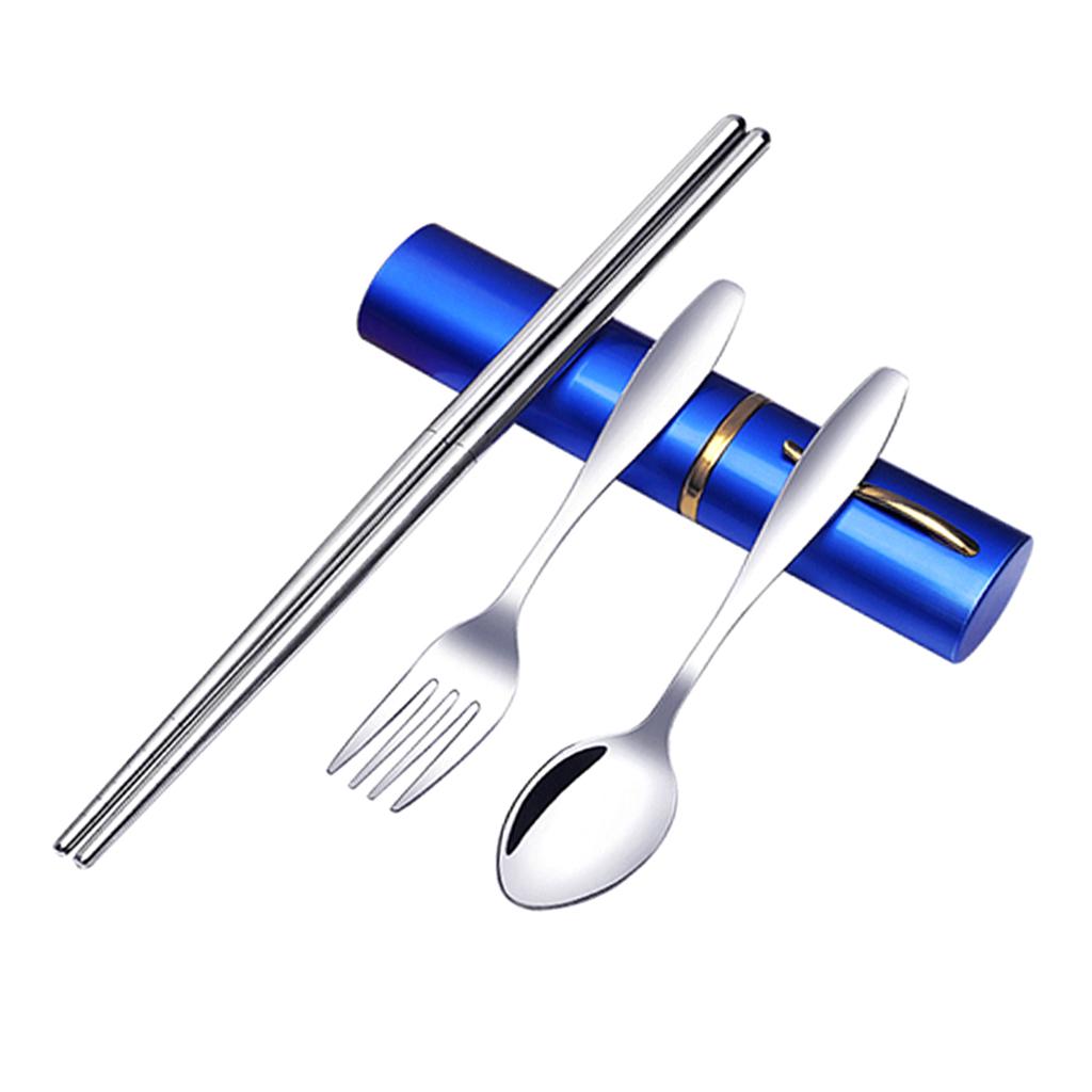 Tableware Stainless Steel Travel Portable Chopsticks, Forks Spoons Blue