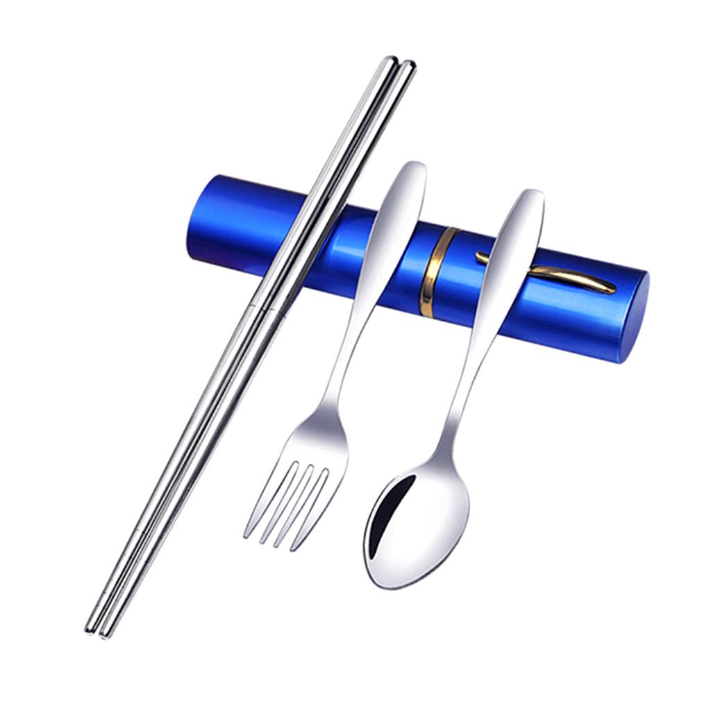 Tableware Stainless Steel Travel Portable Chopsticks, Forks Spoons Blue