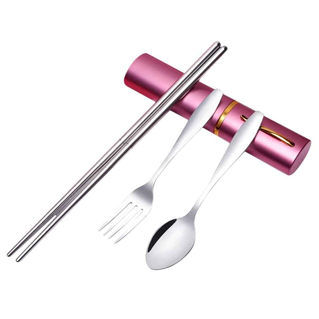 Tableware Stainless Steel Travel Portable Chopsticks, Forks Spoons Pink