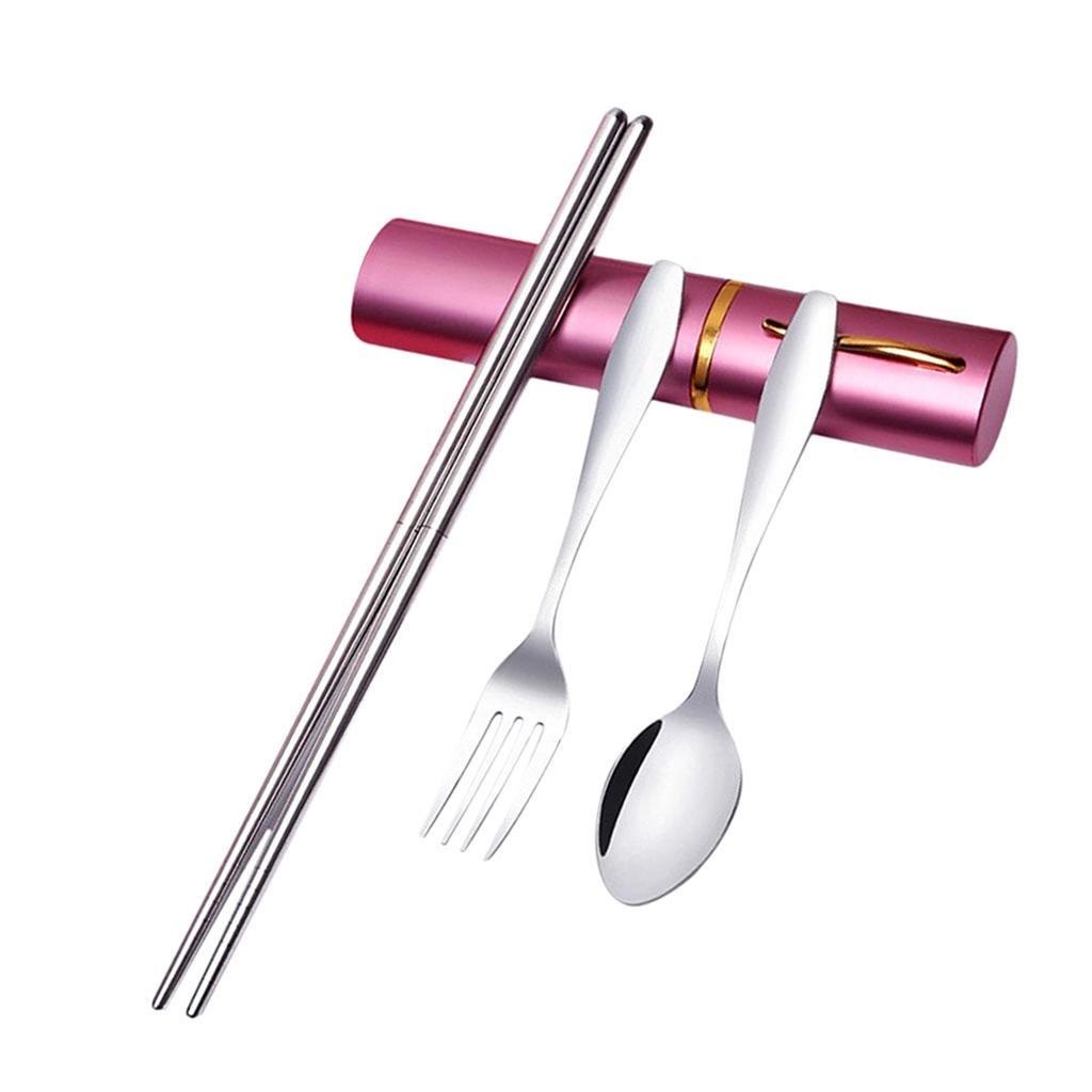 Tableware Stainless Steel Travel Portable Chopsticks, Forks Spoons Pink