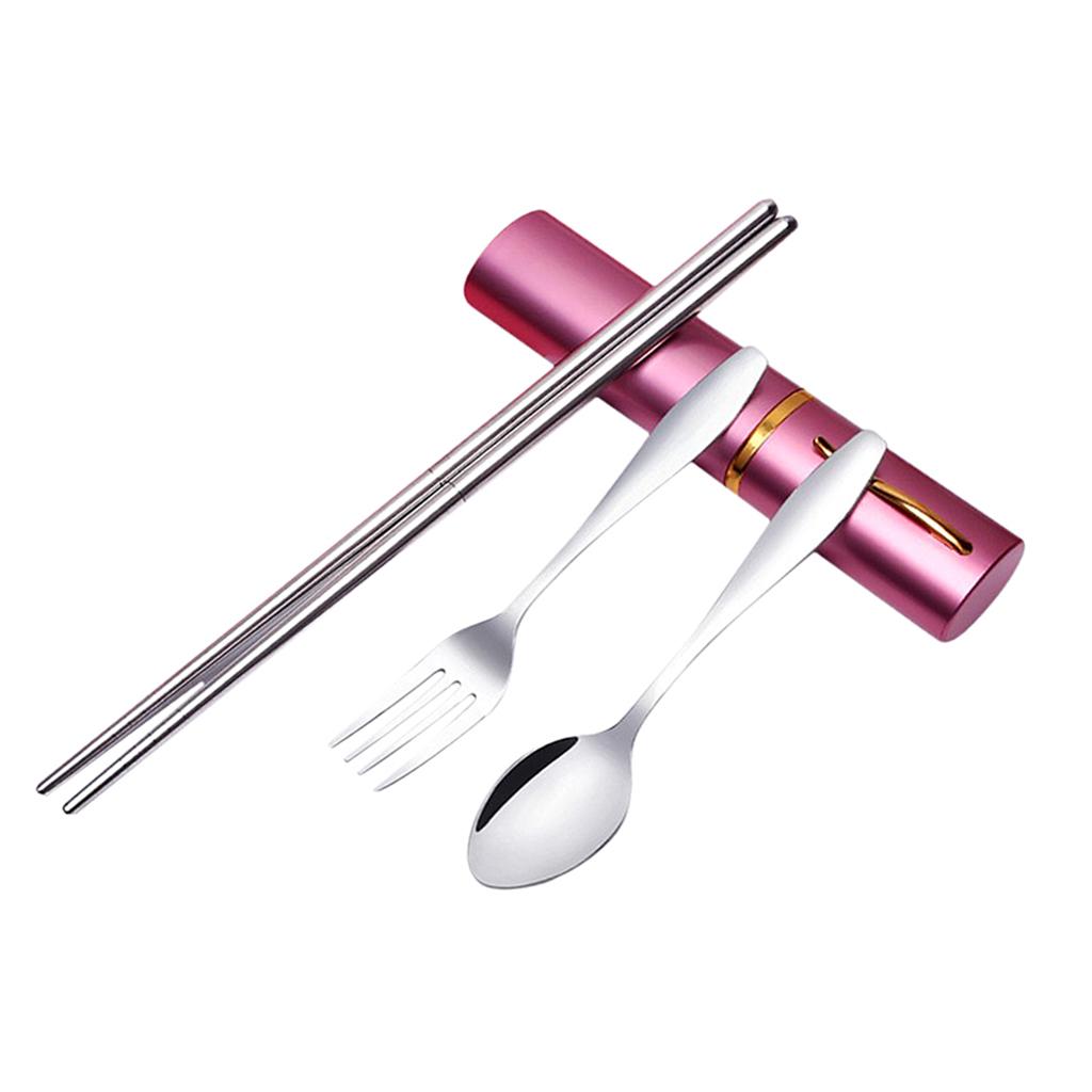 Tableware Stainless Steel Travel Portable Chopsticks, Forks Spoons Pink