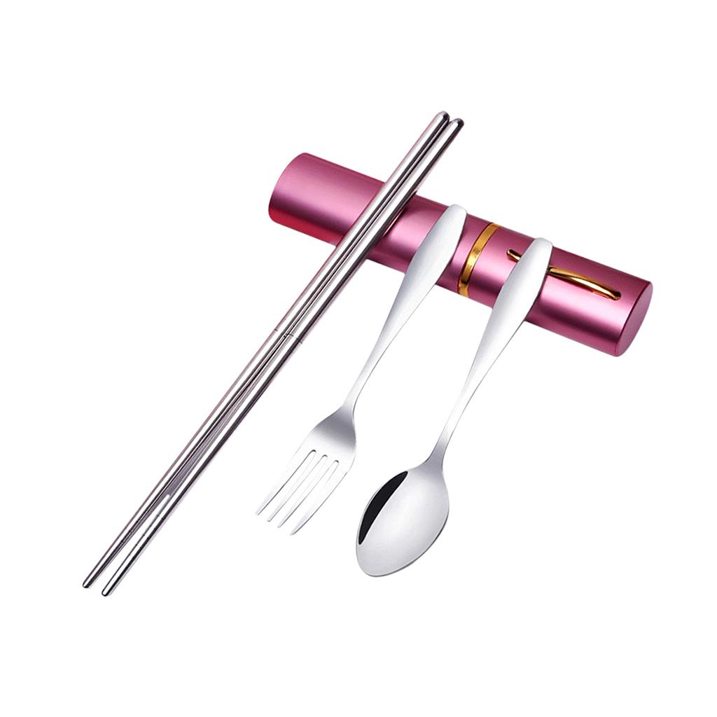 Tableware Stainless Steel Travel Portable Chopsticks, Forks Spoons Pink