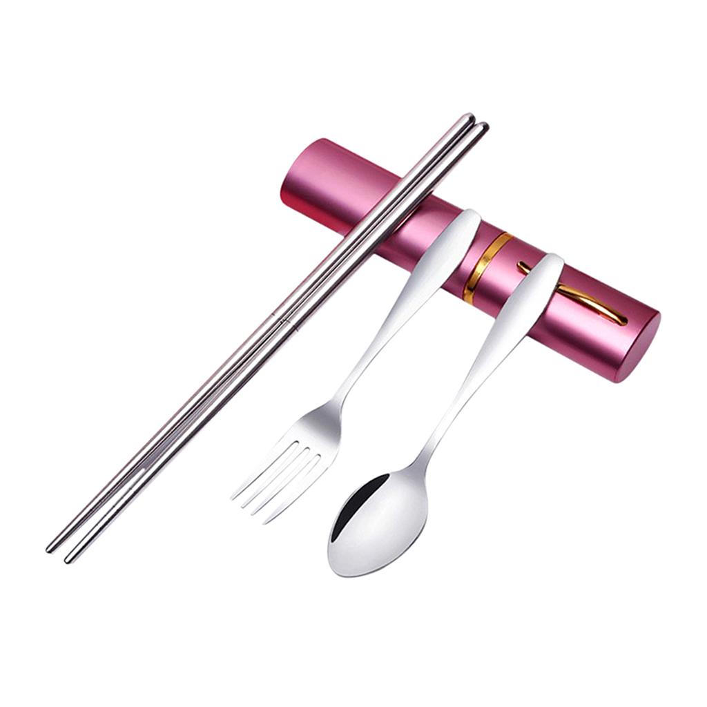 Tableware Stainless Steel Travel Portable Chopsticks, Forks Spoons Pink