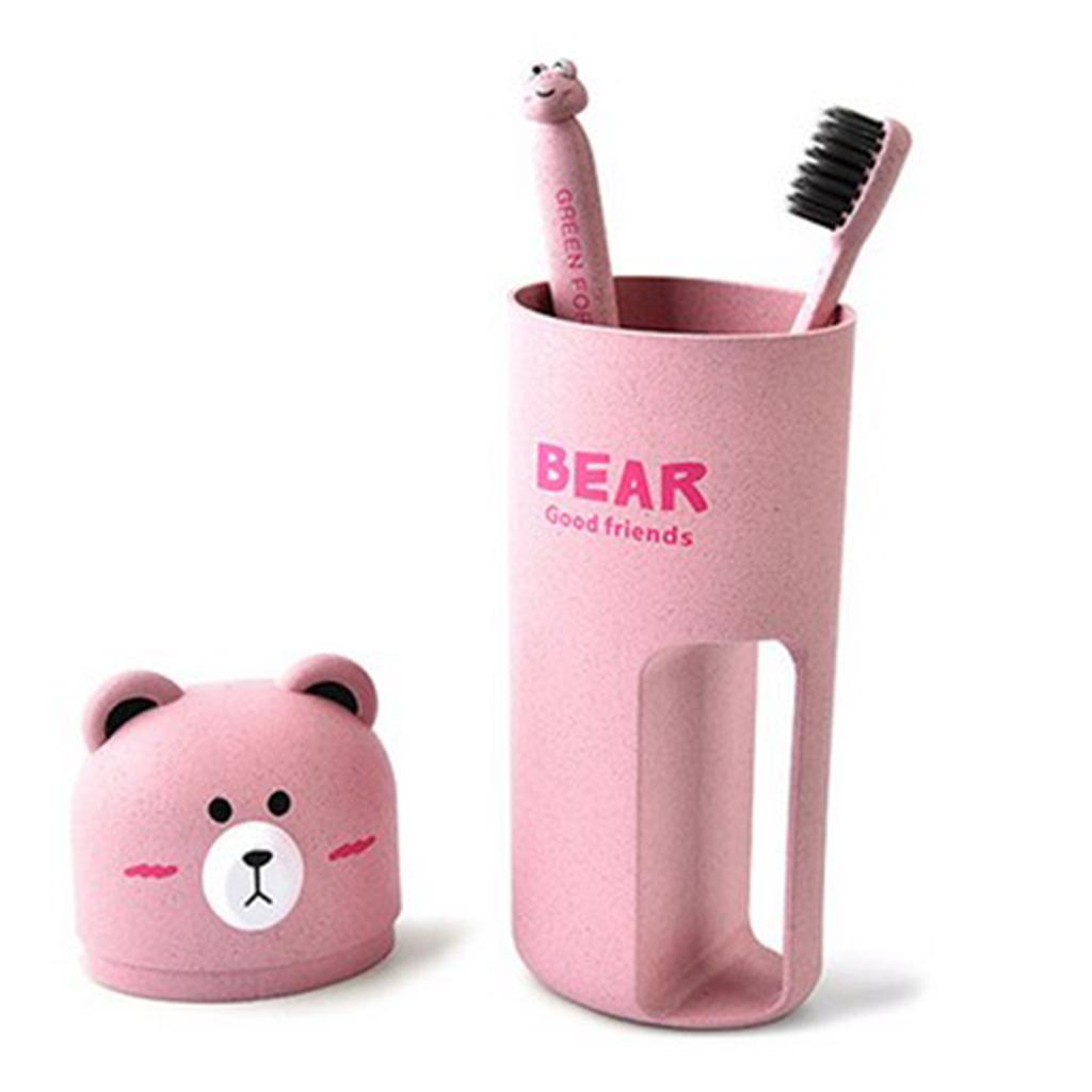 cup outdoor travel wheat straw bear Wash Cup Set with toothbrush  Pink