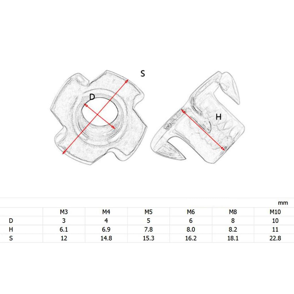 50 Pcs Zinc Plated Carbon Steel Four Claw T Nut Pronged Threaded Insert  M3