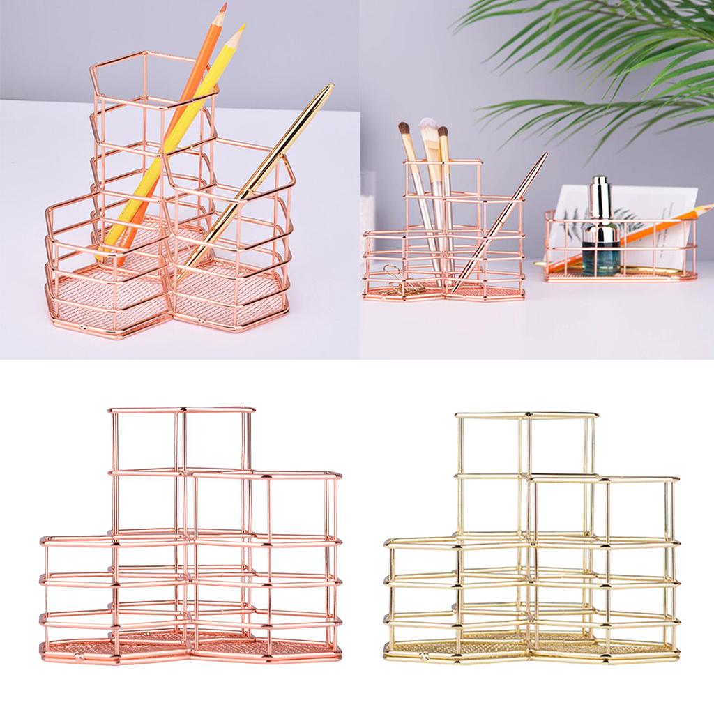 Wire Metal Desktop Pen Pencil ,Rose Gold Pen Storage Basket Organizer