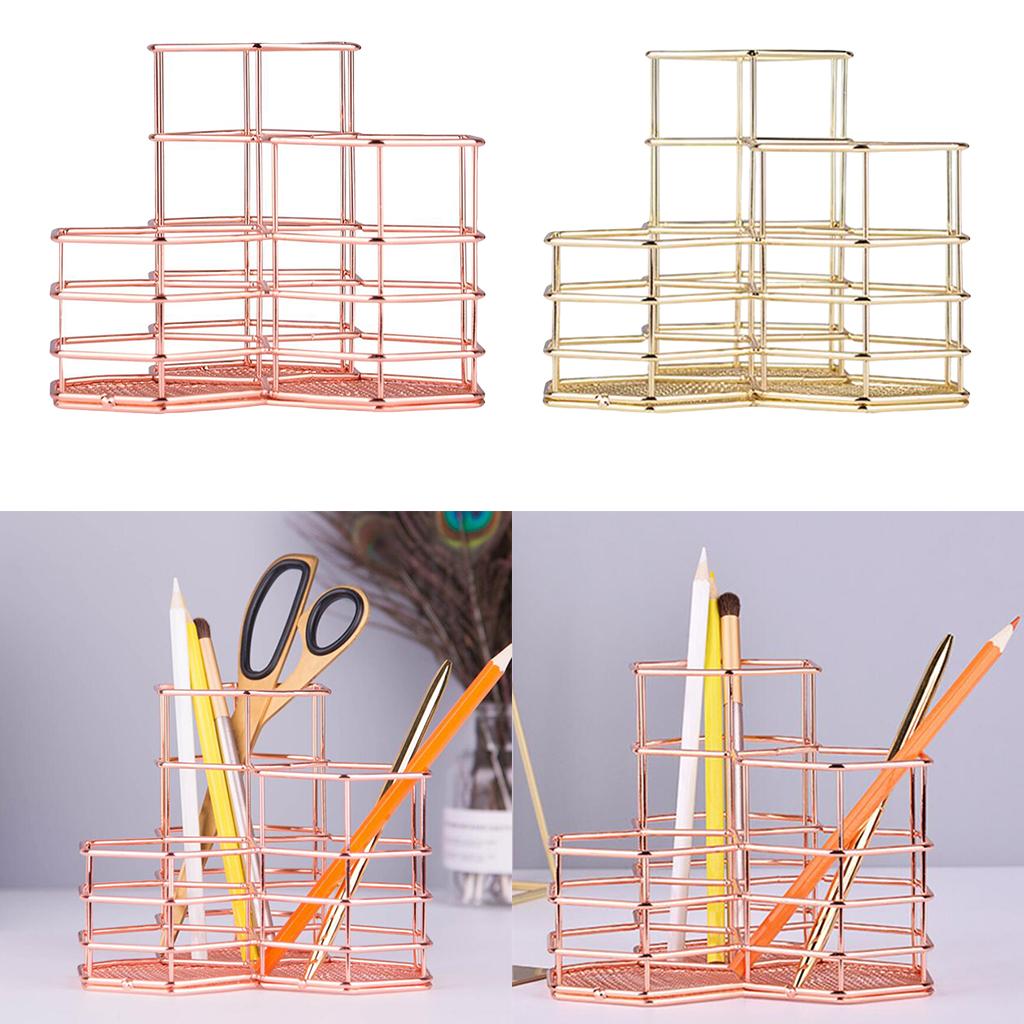 Wire Metal Desktop Pen Pencil ,Rose Gold Pen Storage Basket Organizer