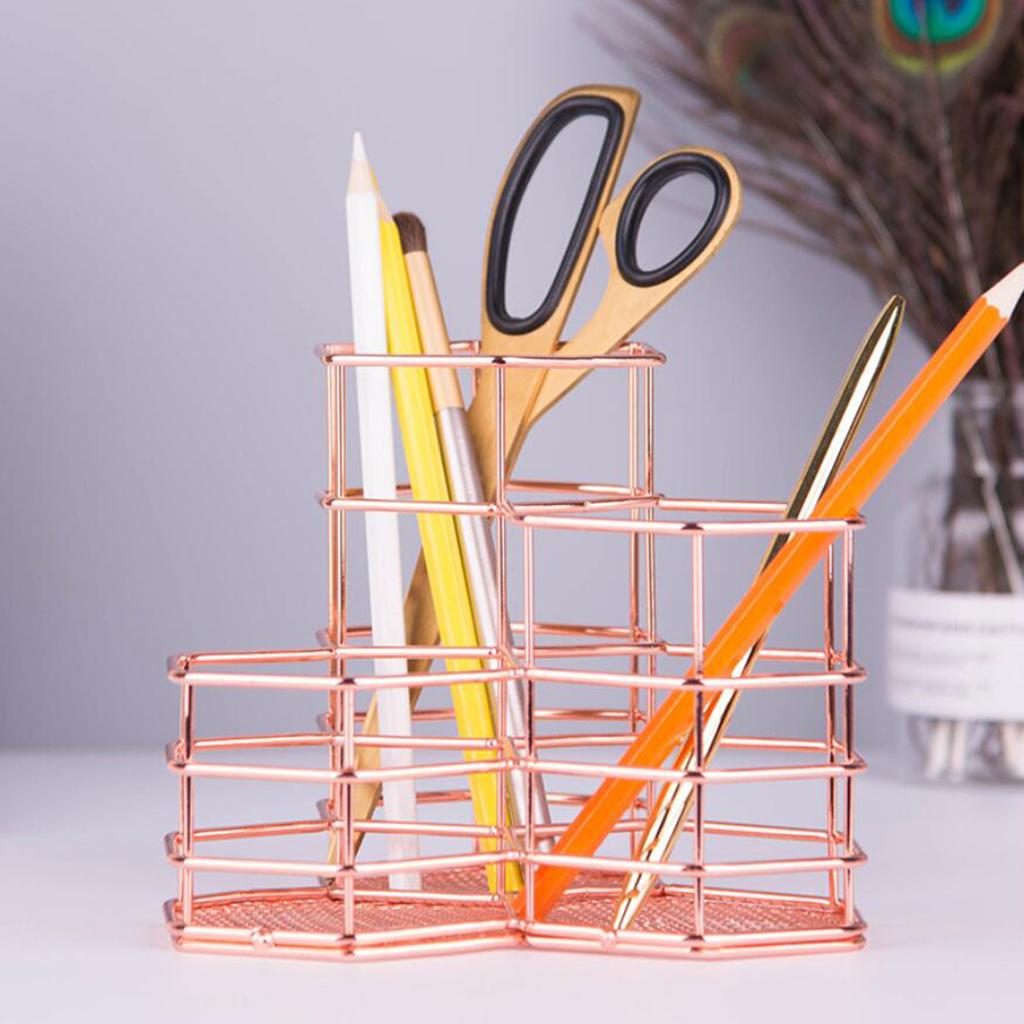 Wire Metal Desktop Pencil ,Rose Gold Pen Storage Basket Organizer