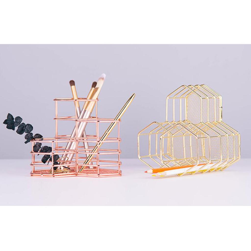 Wire Metal Desktop Pencil ,Rose Gold Pen Storage Basket Organizer